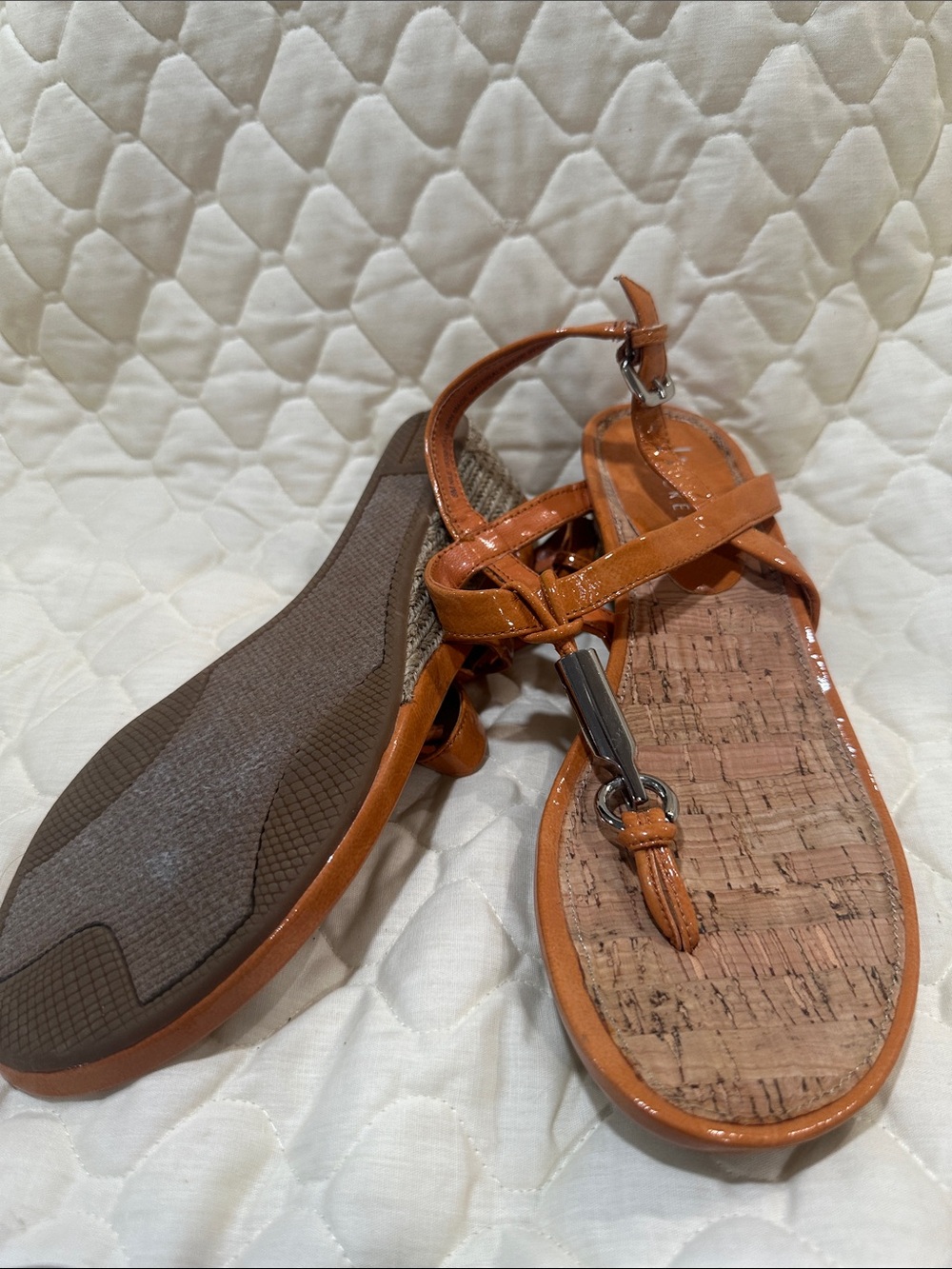 Orange wedge sandals, jute heels